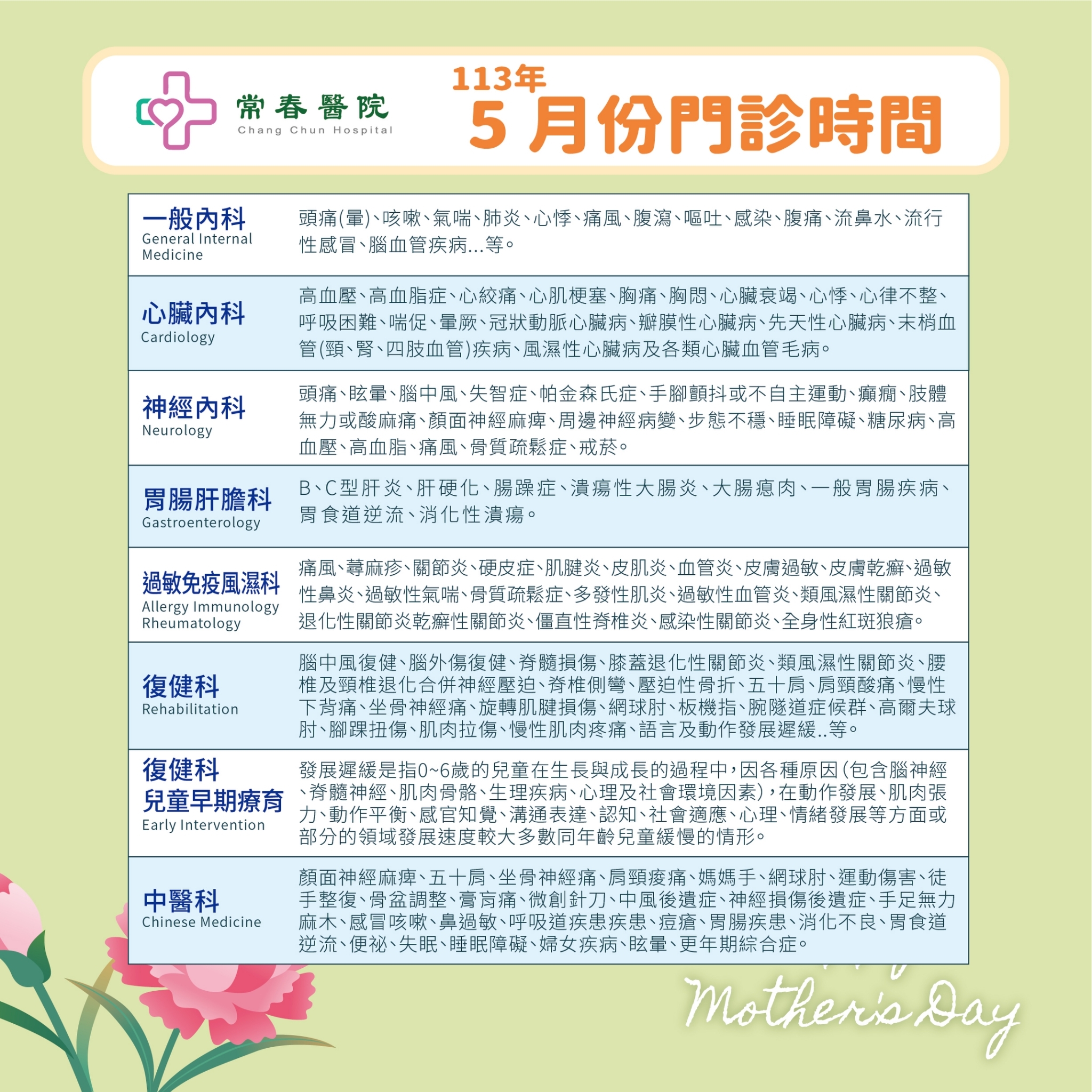 常春門診表113年03月份